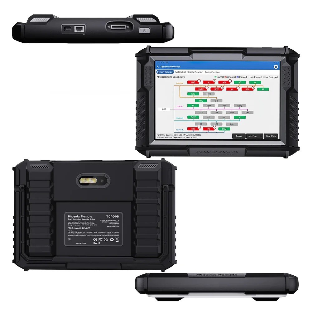 Patru vederi ale tabletei Topdon Phoenix Remote: muchia cu porturi, harta topologica pe ecran, spatele cu camera si eticheta