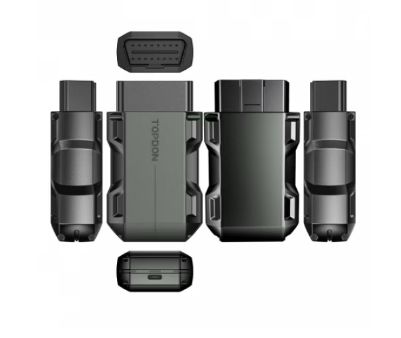 Vederile din toate părțile ale dongle-ului TopScan PRO, cu mufa de diagnoză și portul USB-C