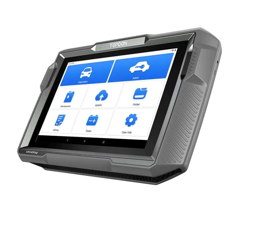 Tester TOPDON UltraDiag 2 în 1, cu programare de chei integrată 4 Modulul VCI magnetic prins pe spatele tabletei de diagnoză, cu piciorul rabatabil deschis