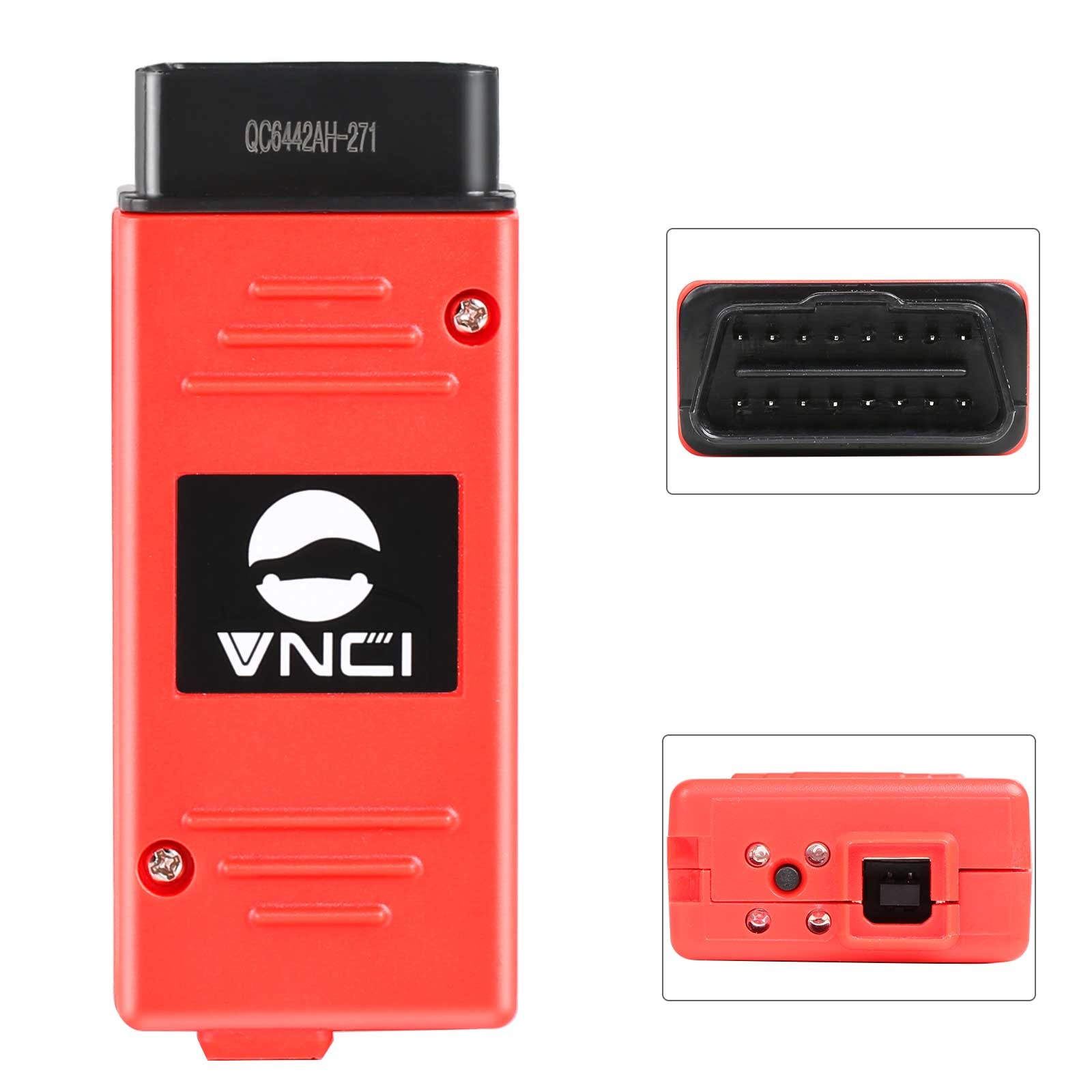 Interfața VNCI 6154A în carcasă roșie, cu mufa OBD-II pe 16 pini și portul USB de pe spate