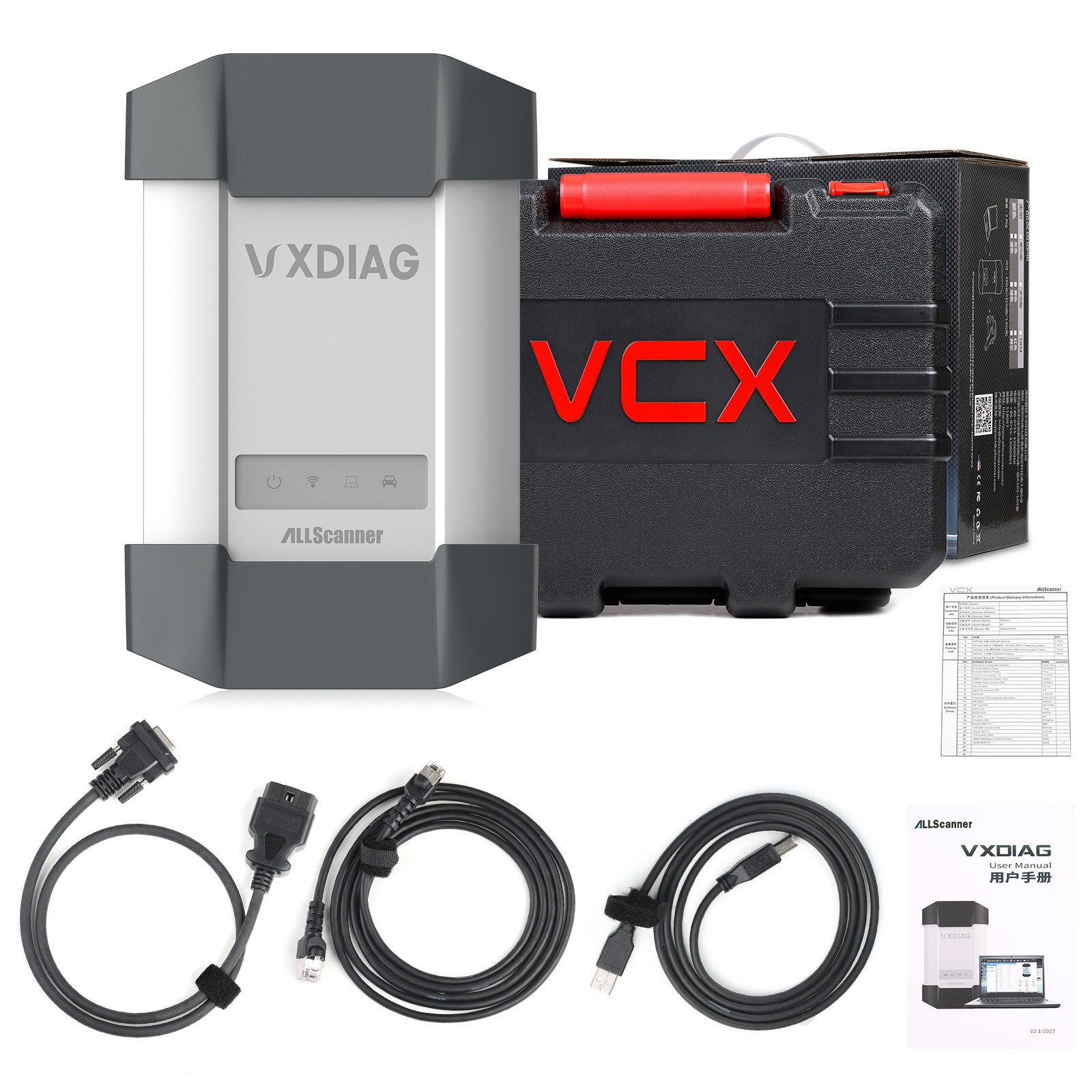 Interfața VXDIAG lângă valiza rigidă de transport, cablurile de conectare și manualul de utilizare