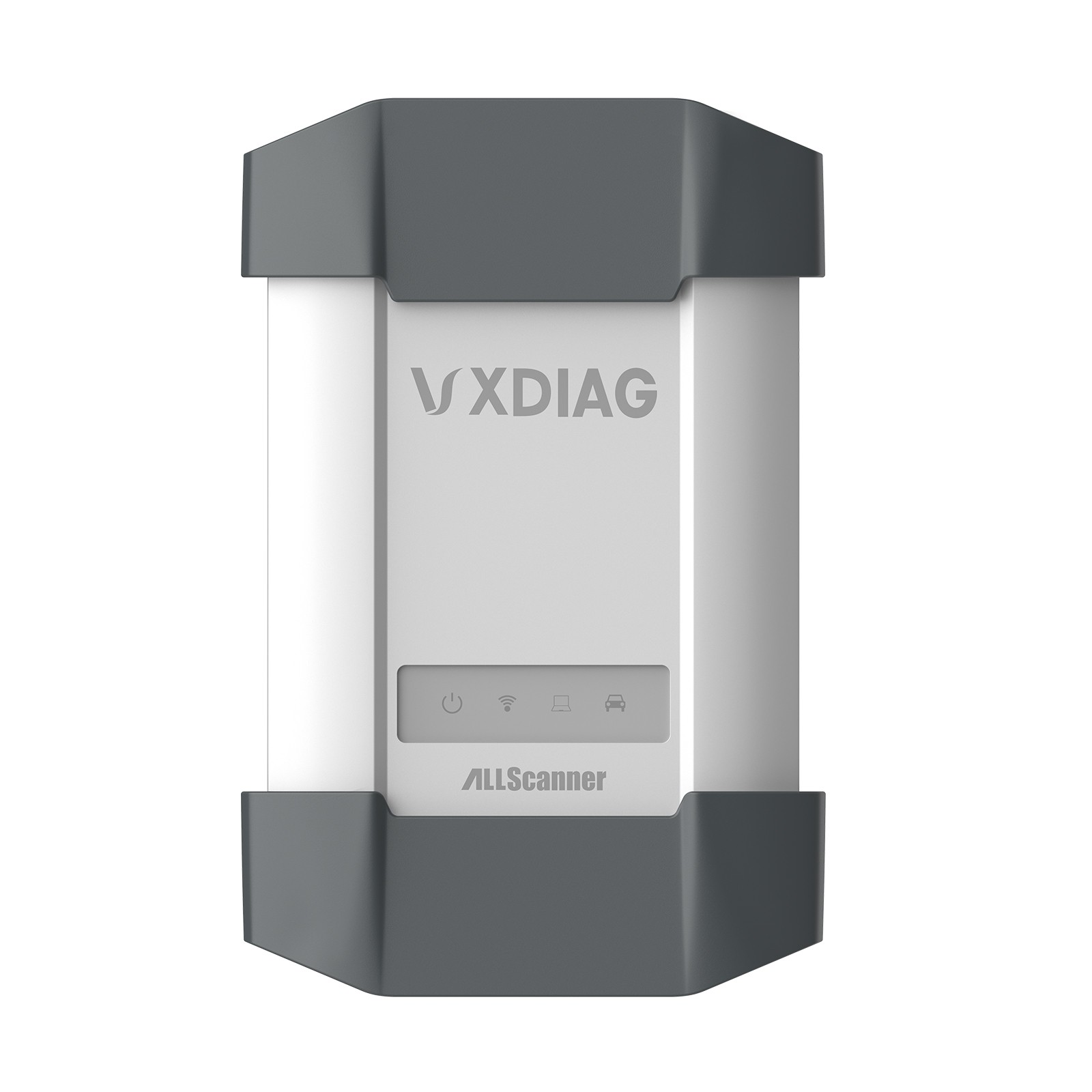 Interfața VXDIAG fotografiată din față, cu marcajul producătorului pe carcasă