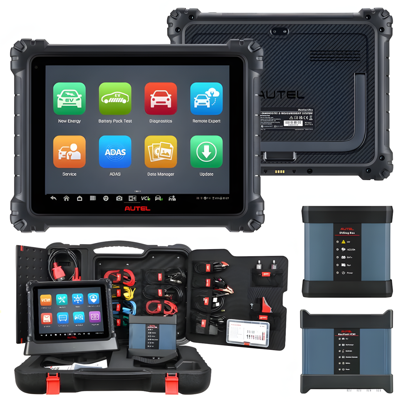 Tableta Autel MaxiSys Ultra EV cu meniul principal, alaturi de valiza deschisa, modulul MaxiFlash VCMI si EVDiag Box