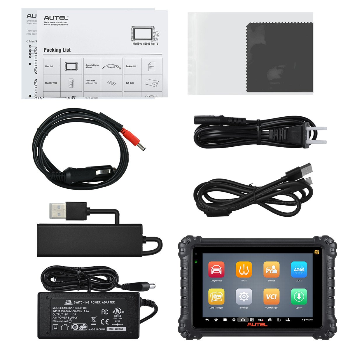 Lista de ambalare MS906 Pro-TS cu accesoriile din pachet: cabluri, alimentator si tableta