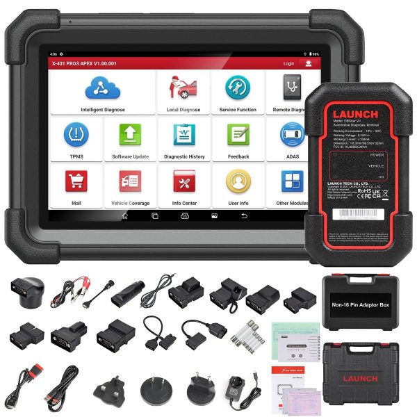 Tester multimarcă Launch X431 PRO3 APEX, cu hartă de topologie Tableta PRO3 APEX cu interfata de diagnoza, cablurile si adaptoarele din pachet