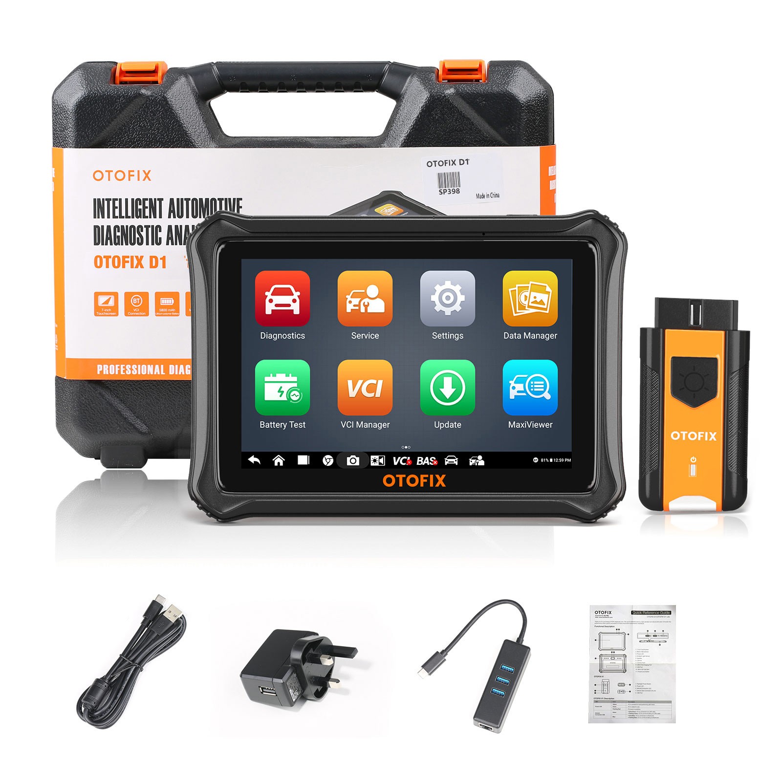 Valiza rigidă OTOFIX, tableta cu meniul principal pe ecran, interfața V1 și accesoriile așezate dedesubt