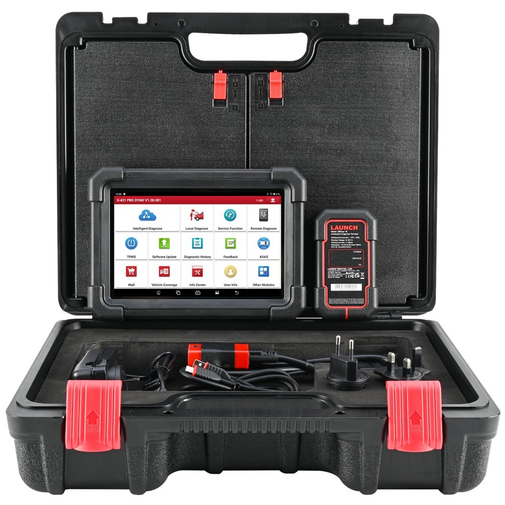 Tester turisme Launch X431 PRO DYNO, cu CAN FD nativ 4 Valiza deschisa a kitului Launch X431 PRO DYNO, cu tableta si interfata DBScar VII