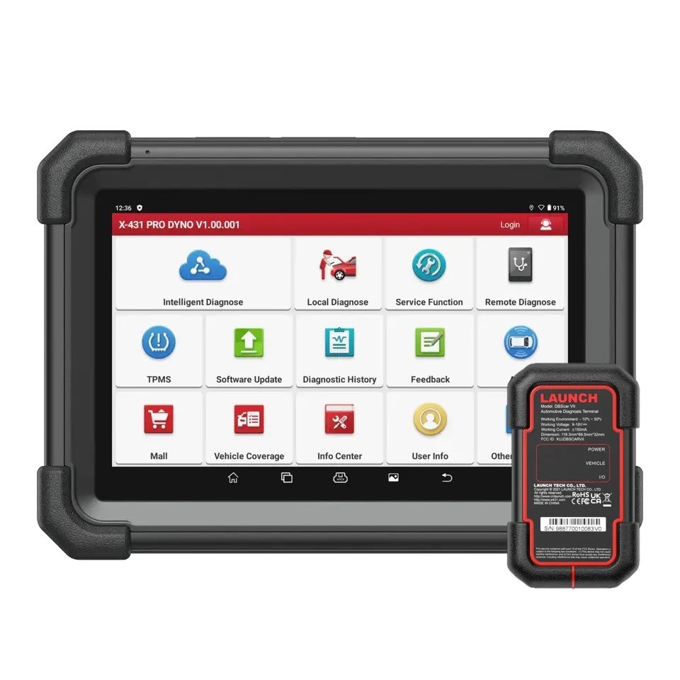 Tabletă de diagnoză auto Launch cu ecran de 8 inch, așezată lângă conectorul de vehicul