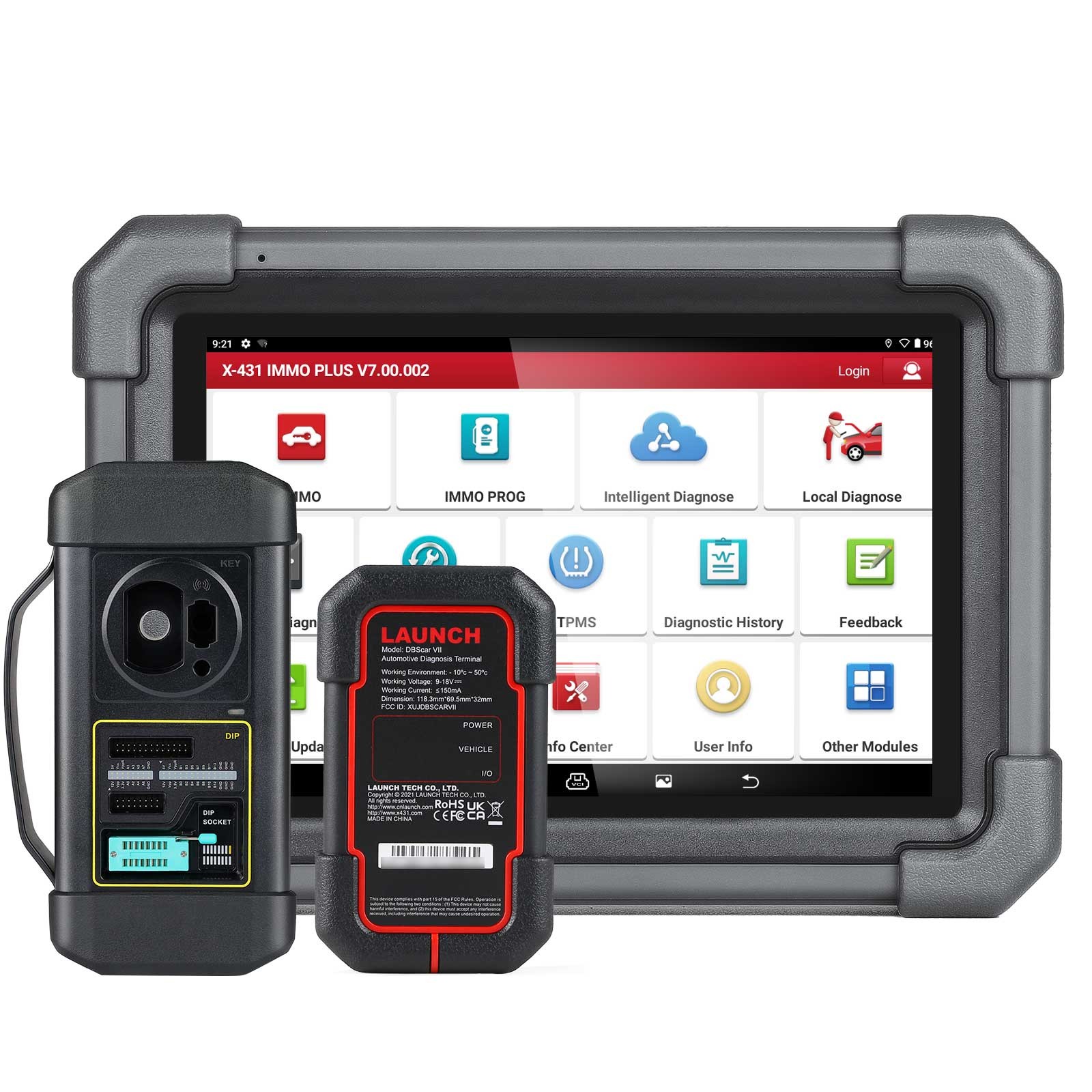 Tabletă Launch de 8 inch așezată lângă programatorul X-PROG 3 și adaptorul MCU3
