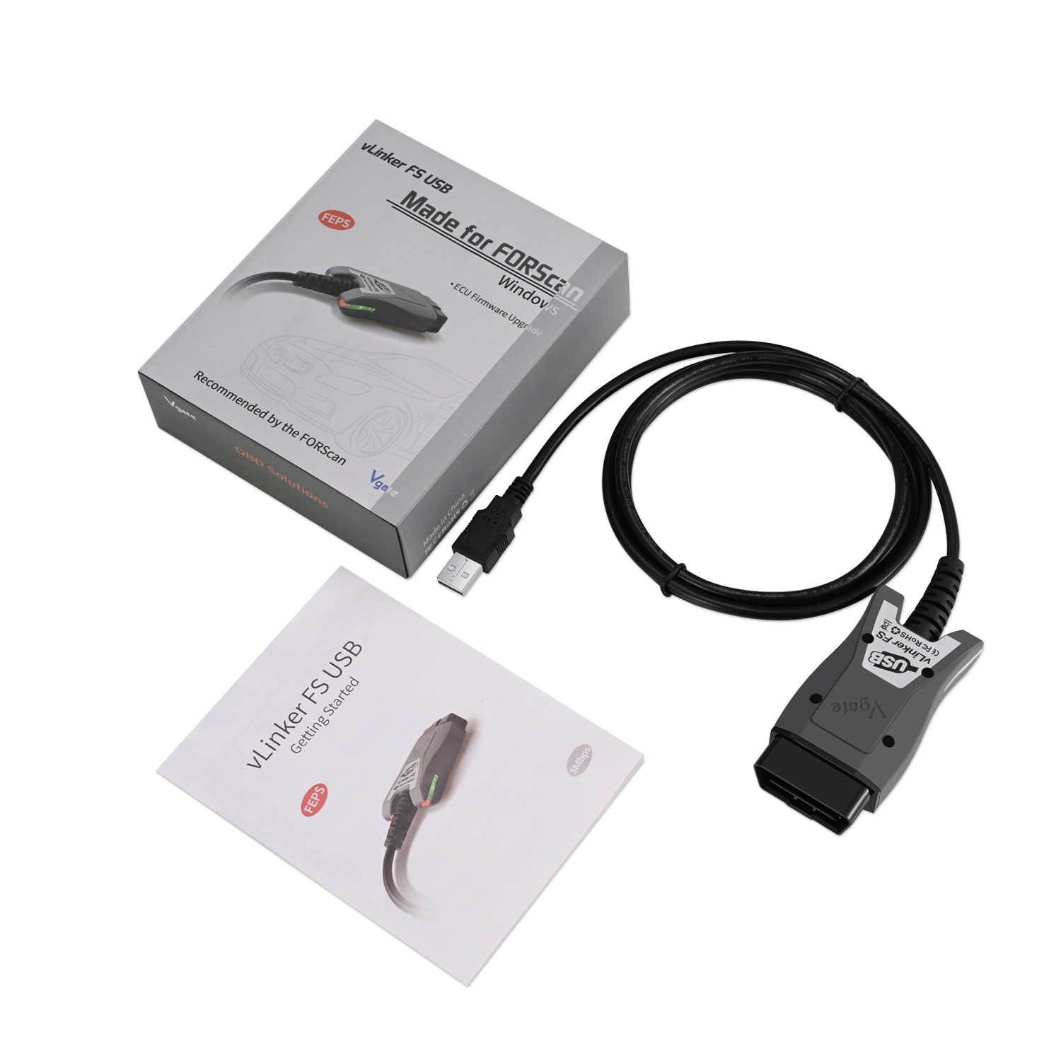 Pachetul vLinker FS USB: cutia, cablul cu mufă OBD-II și broșura de pornire