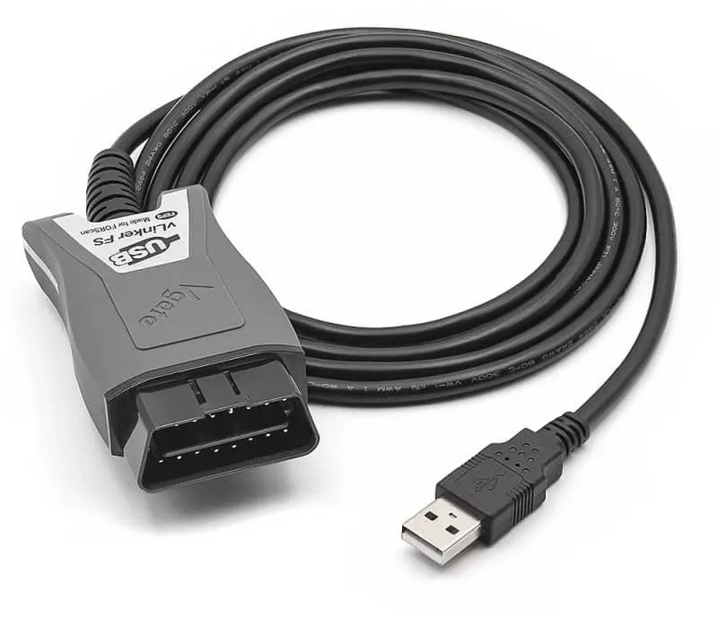 Cablul Vgate vLinker FS USB, cu mufa OBD-II gri și cablul USB desfășurat