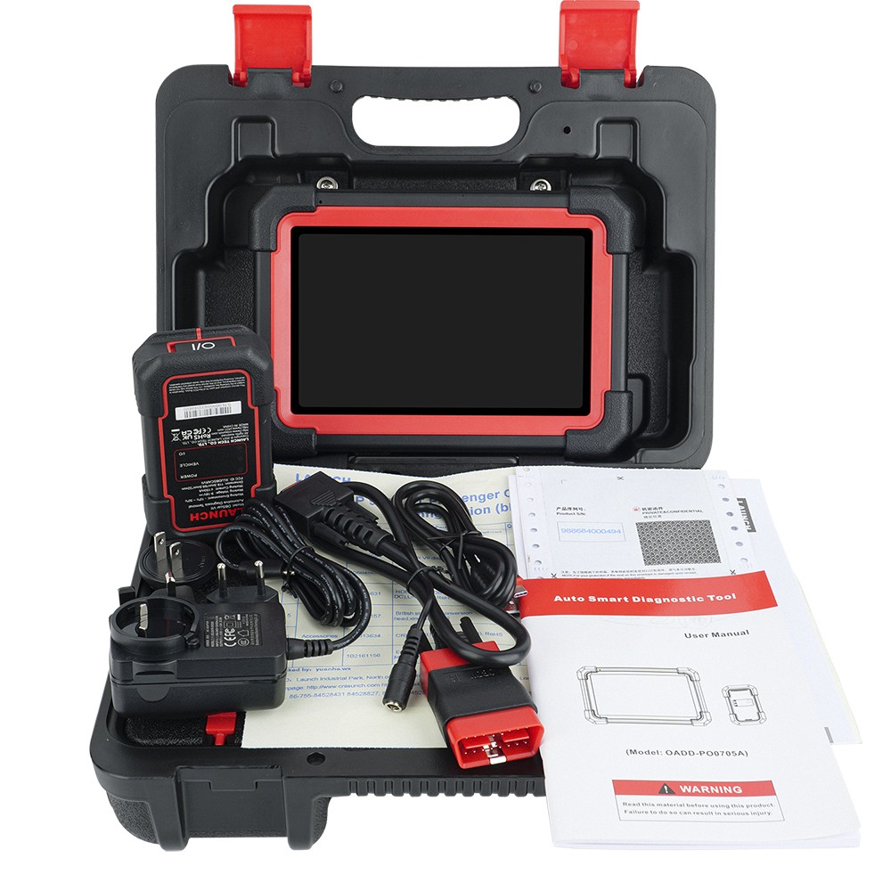 Tabletă de diagnoză cu ecran de 8 inch, așezată lângă interfața de vehicul și cablurile din pachet