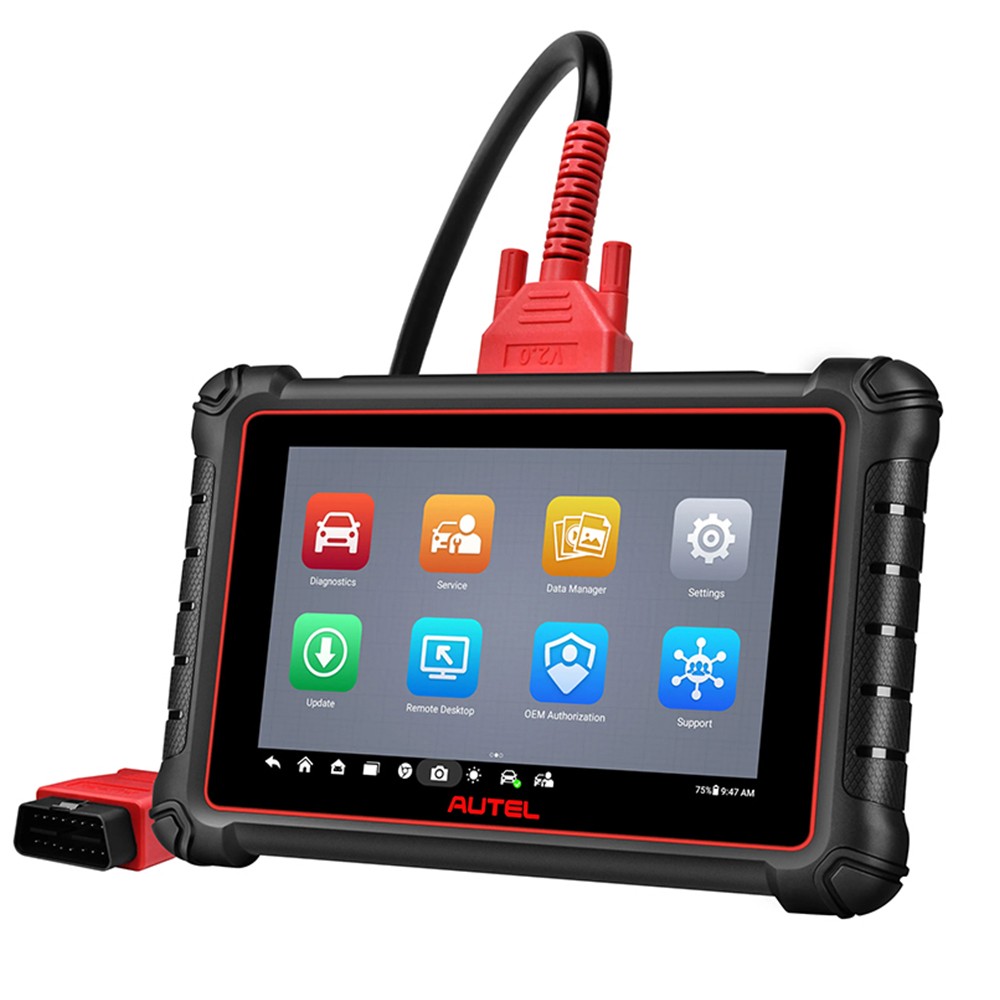 Testerul Autel MaxiPRO MP900 cu ecranul pornit pe meniul principal si cablul principal cu conector OBD