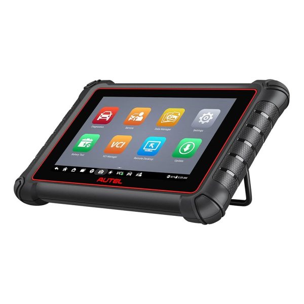 Tableta Autel MP900 sprijinita pe suport, cu meniul principal pe ecran