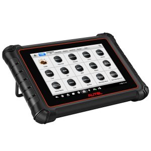 Tableta Autel MaxiPRO MP900 sprijinita pe suport, cu lista de marci auto pe ecran