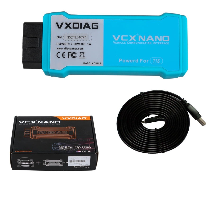 Interfața VXDIAG VCX NANO pentru Toyota, cu cutia și cablul USB din pachet