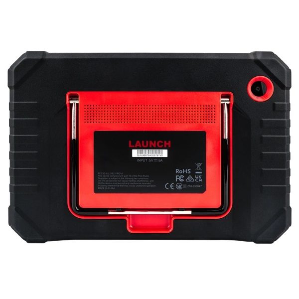 Spatele tabletei Launch X431 PRO3S V+ 5.0, cu suportul rosu rabatabil si eticheta produsului