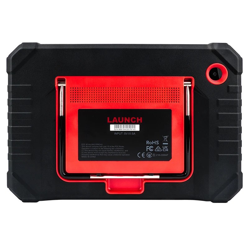 Spatele tabletei Launch X431 PRO3S V+ 5.0, cu suportul rosu rabatabil si eticheta produsului