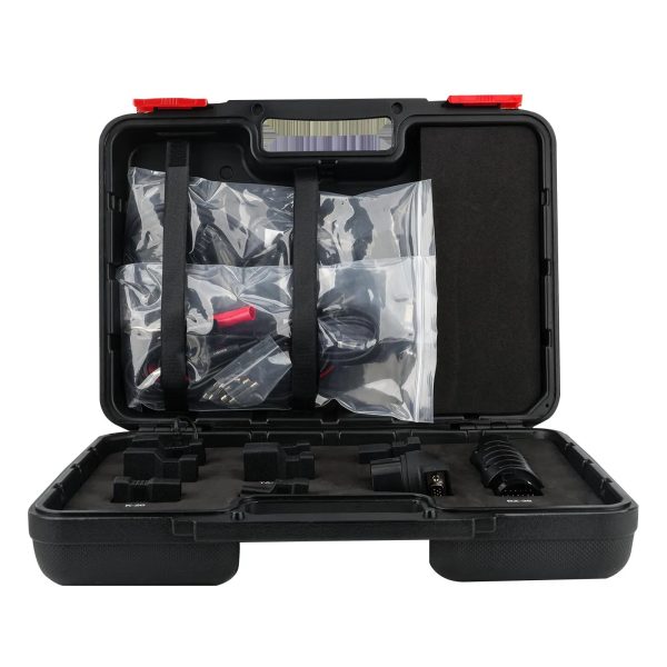 Valiza deschisa a testerului Launch X431 PRO3S V+ 5.0, cu accesoriile ambalate in compartimente