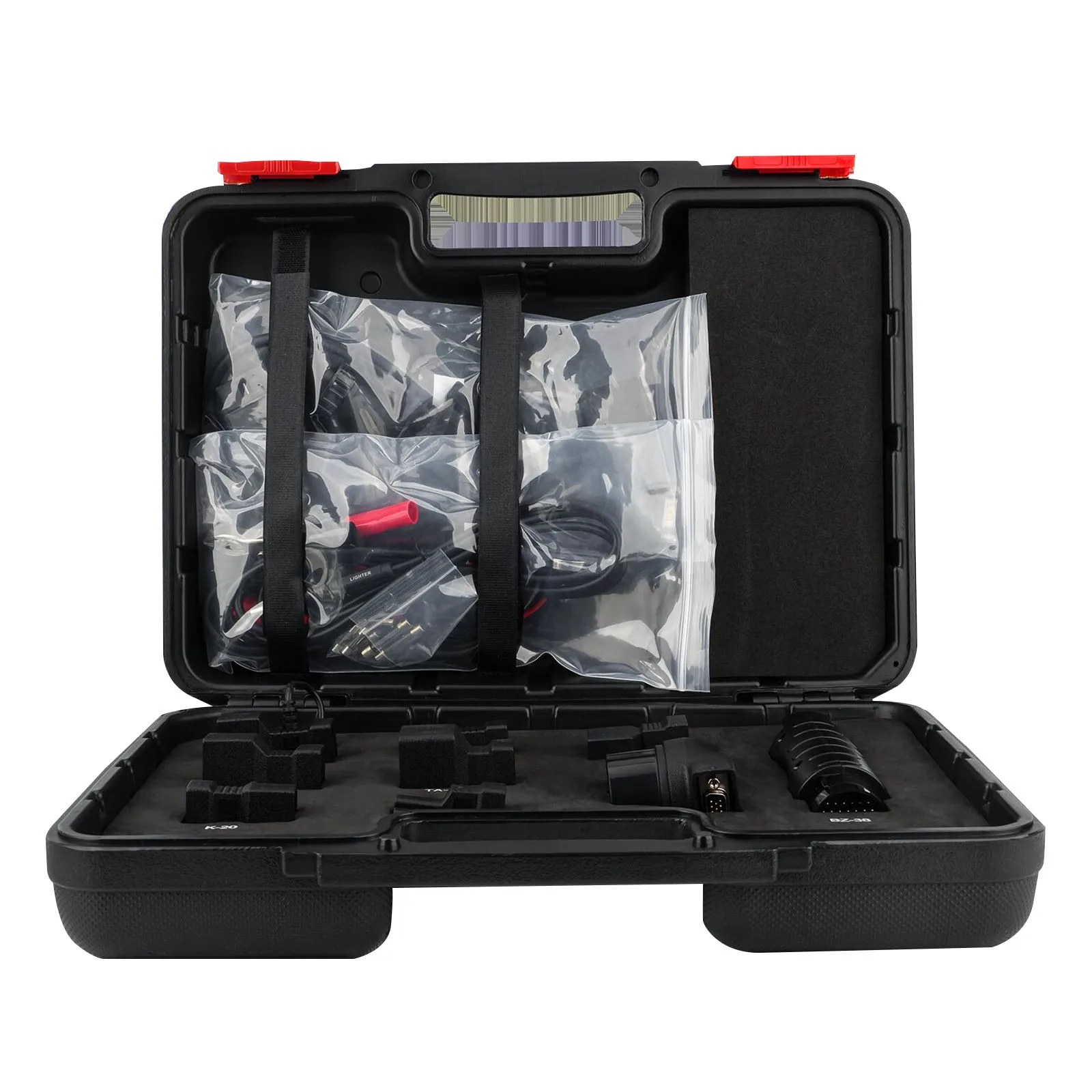 Valiza deschisa a testerului Launch X431 PRO3S V+ 5.0, cu accesoriile ambalate in compartimente