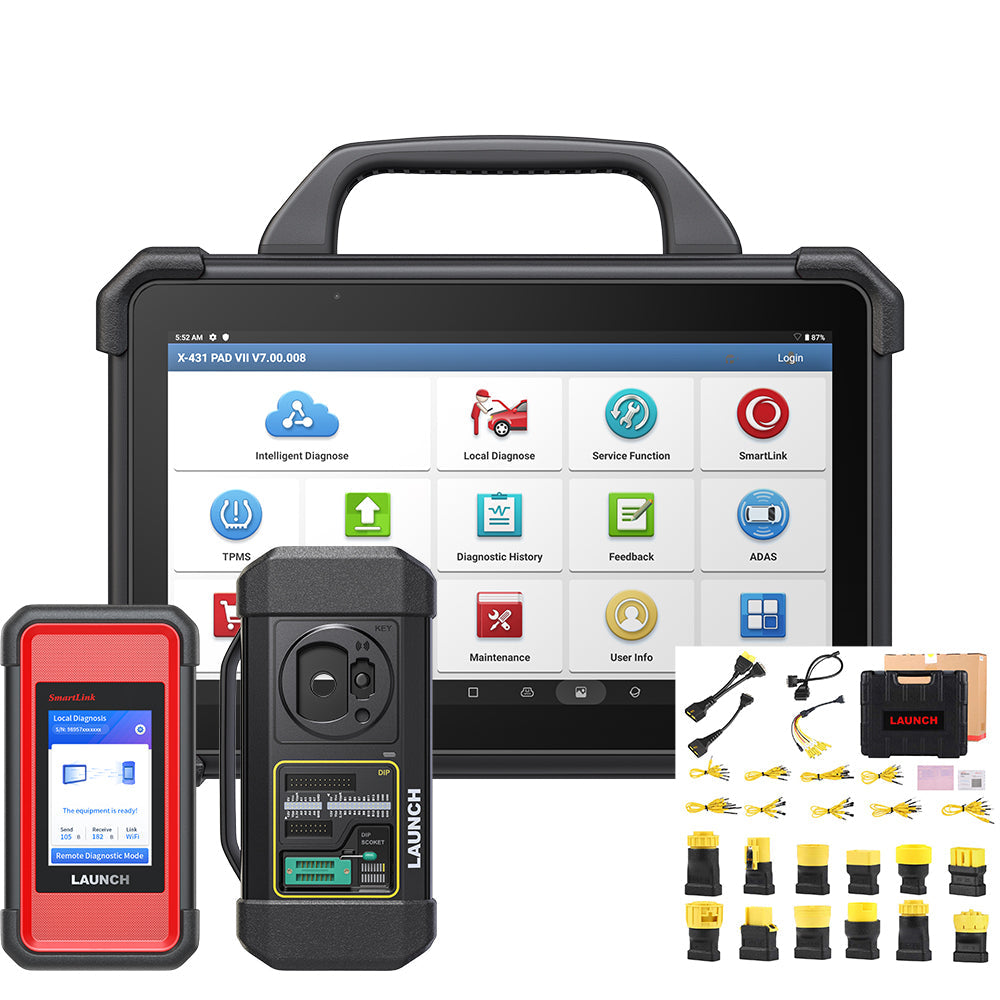 Kitul Launch PAD 7 Elite: tableta, interfata VCI, modulul X-PROG 3 si adaptoarele