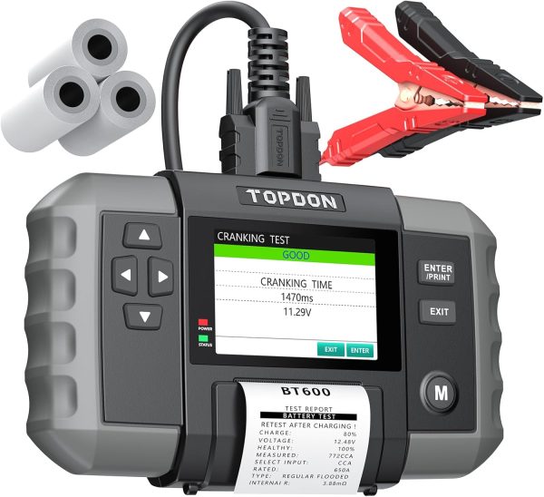 Tester baterii Topdon BT600, cu ecran color de 3,5 inch TOPDON BT600 cu bonul testului de pornire in imprimanta, clemele si rolele de hartie