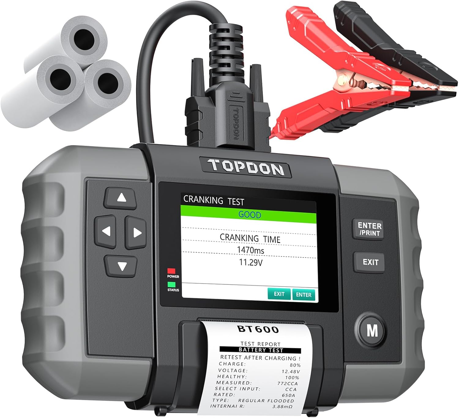 Tester baterii Topdon BT600, cu ecran color de 3,5 inch 4 TOPDON BT600 cu bonul testului de pornire in imprimanta, clemele si rolele de hartie