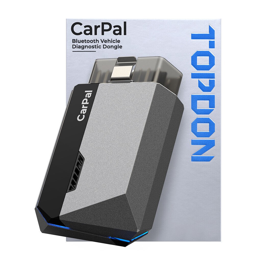 Tester auto TOPDON CarPal, dongle Bluetooth cu aplicație pe telefon 2 Topdon CarPal, dongle de diagnoză Bluetooth, lângă cutia de carton a produsului