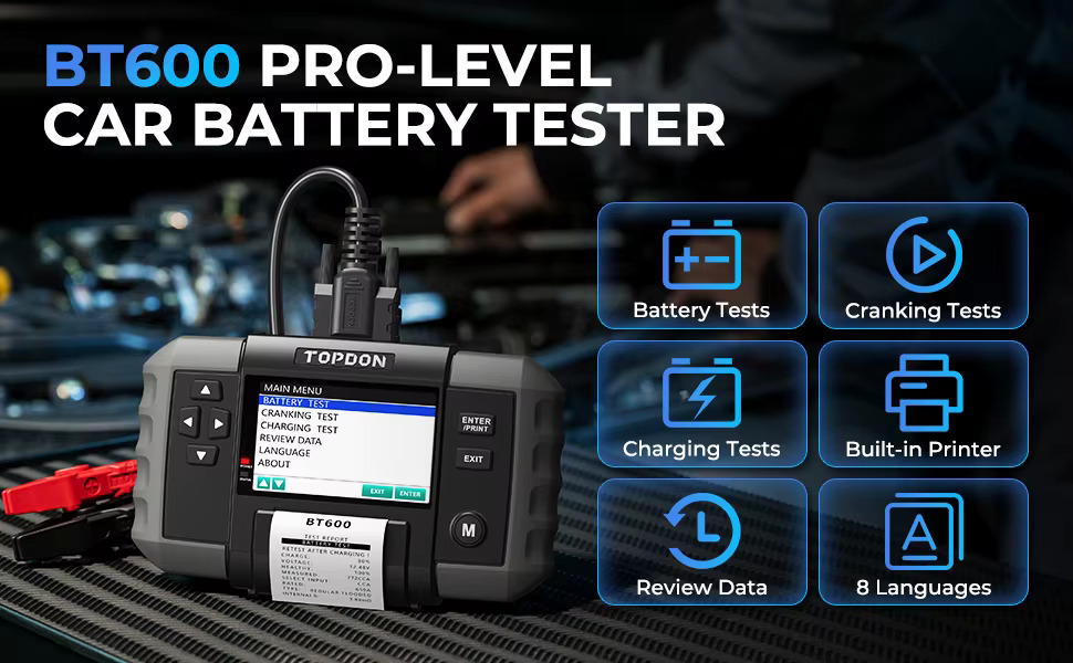 Ecranul TOPDON BT600 cu meniul principal și lista celor patru probe disponibile