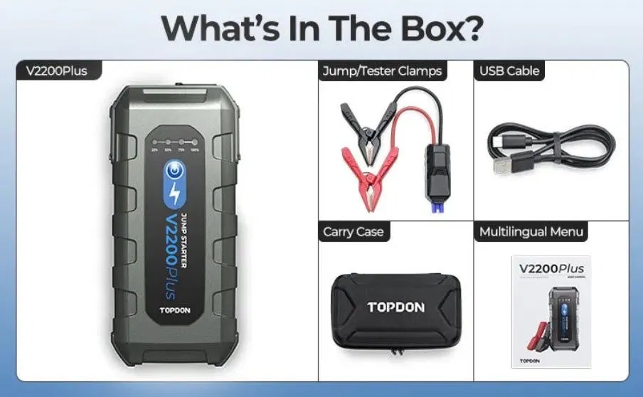 Conținutul pachetului TOPDON V2200Plus: unitatea, clemele inteligente, cablul USB și husa de transport