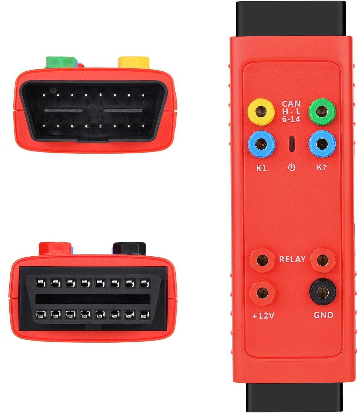 Fata adaptorului Autel G-BOX3 cu bornele CAN, K1, K7, RELAY, +12V si GND, langa cele doua mufe OBD