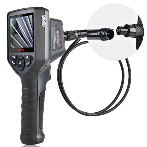 Videoscopul MV480 cu sonda flexibila conectata la maner si detaliul mufei sondei