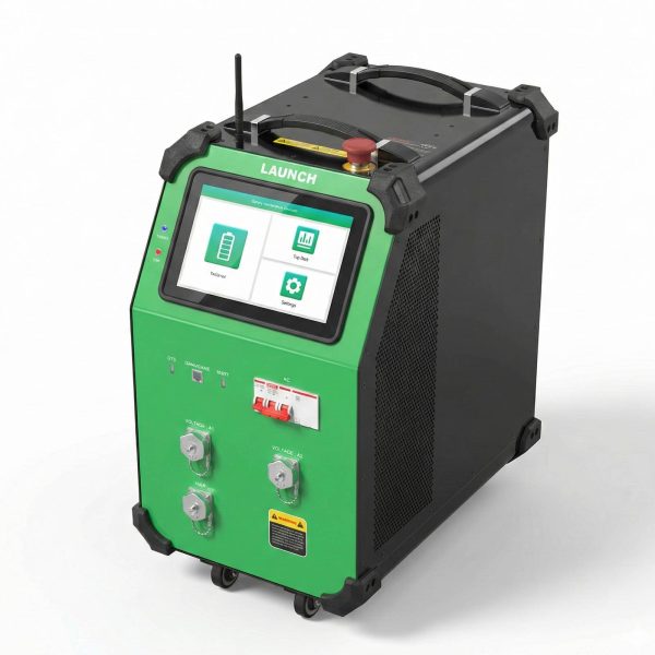 Echipament de egalizare celule Launch EVB648 pentru baterii EV, 48 canale Launch EVB648 vazut de sus din trei sferturi, cu ecranul tactil, manerul si conectorii de pe panoul din fata