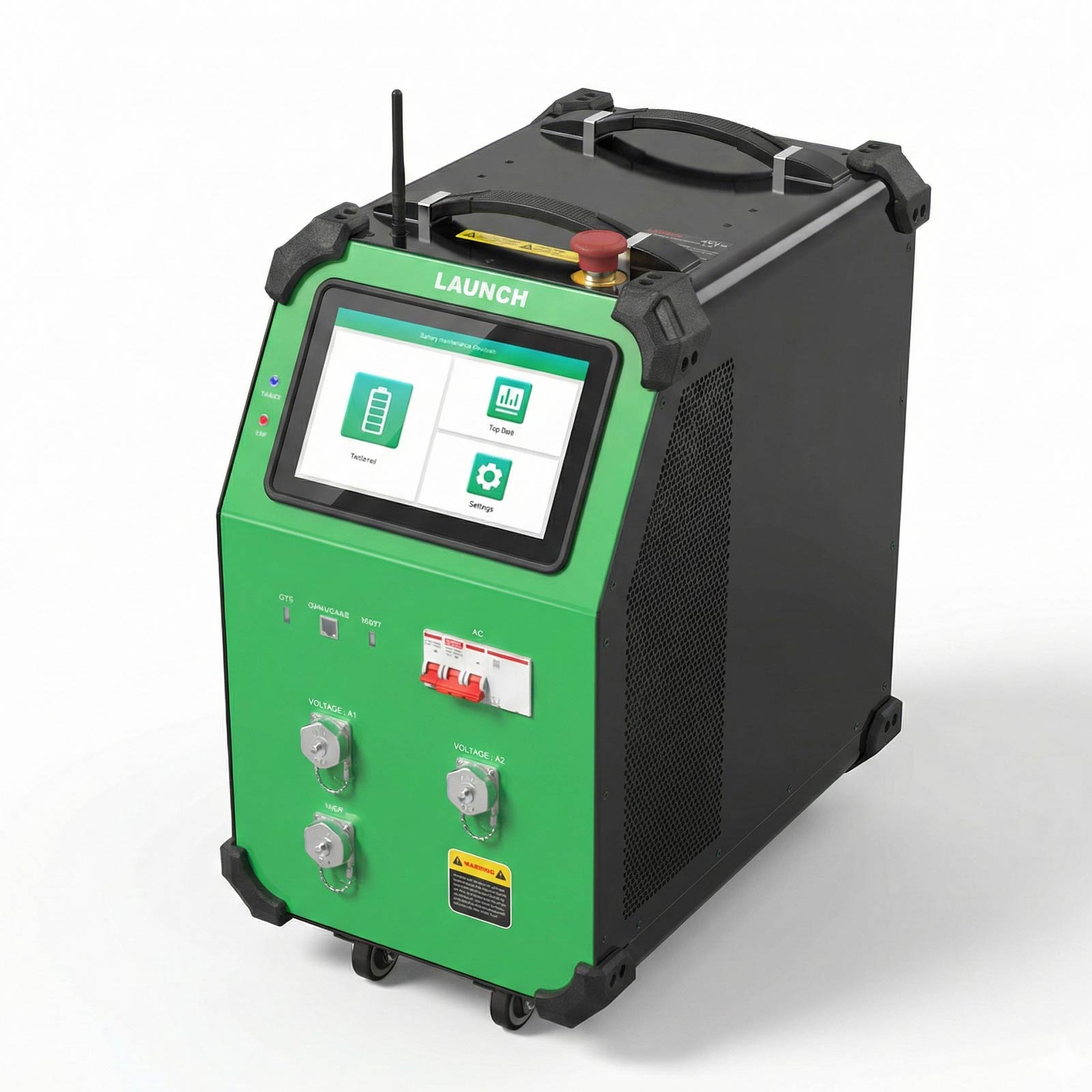 Echipament de egalizare celule Launch EVB648 pentru baterii EV, 48 canale 3 Launch EVB648 vazut de sus din trei sferturi, cu ecranul tactil, manerul si conectorii de pe panoul din fata