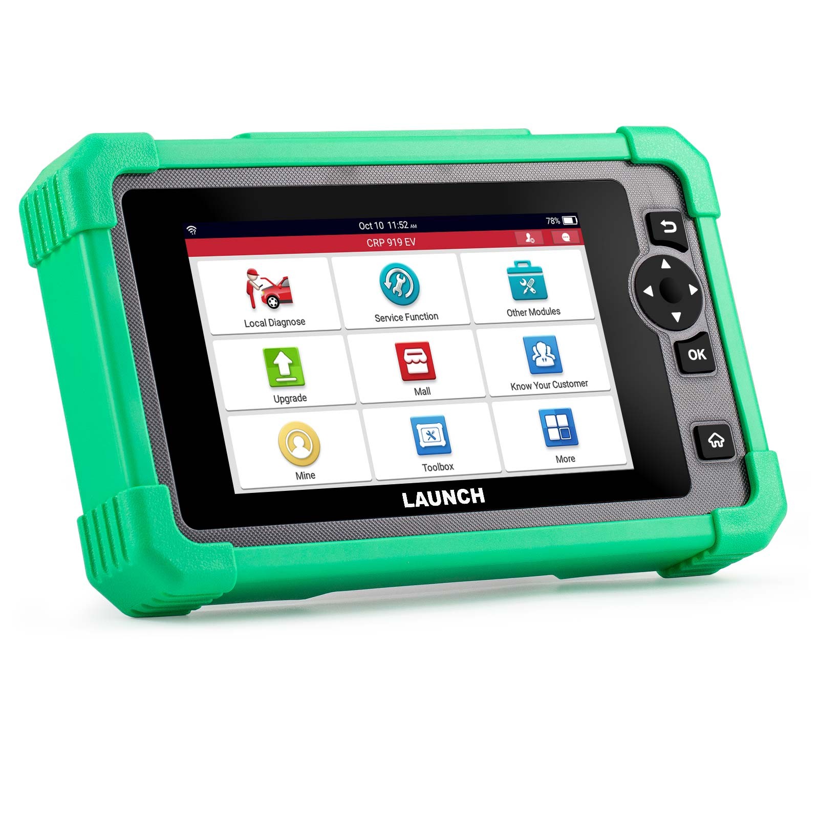 Tableta Launch CRP919 EV pe suportul propriu, cu meniul principal deschis pe ecran
