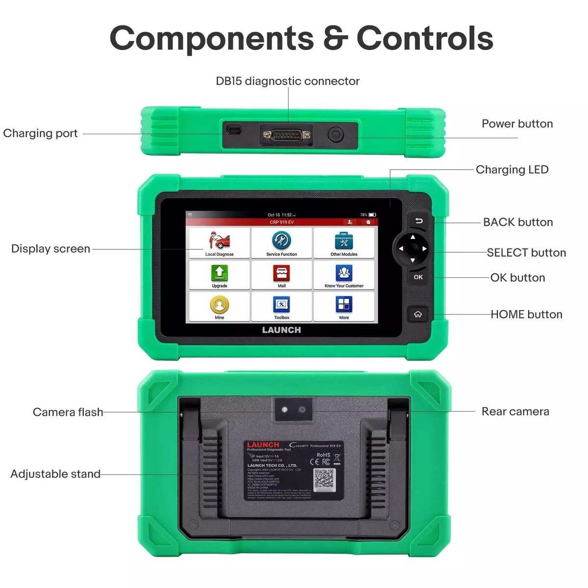Schema componentelor Launch CRP919 EV: conectorul DB15 de sus, portul de incarcare, tastele fizice, camera si suportul rabatabil