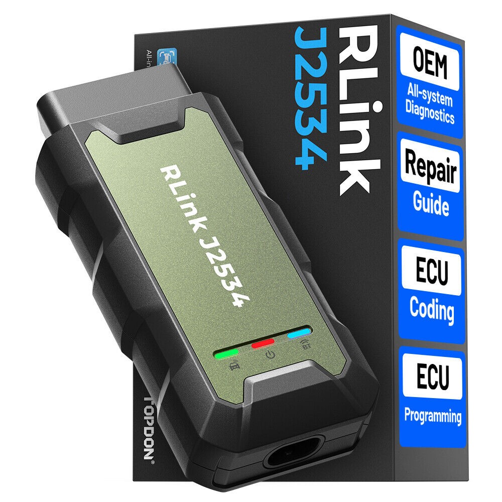 Cutia TOPDON RLink J2534 cu unitatea verde și cele trei indicatoare de stare