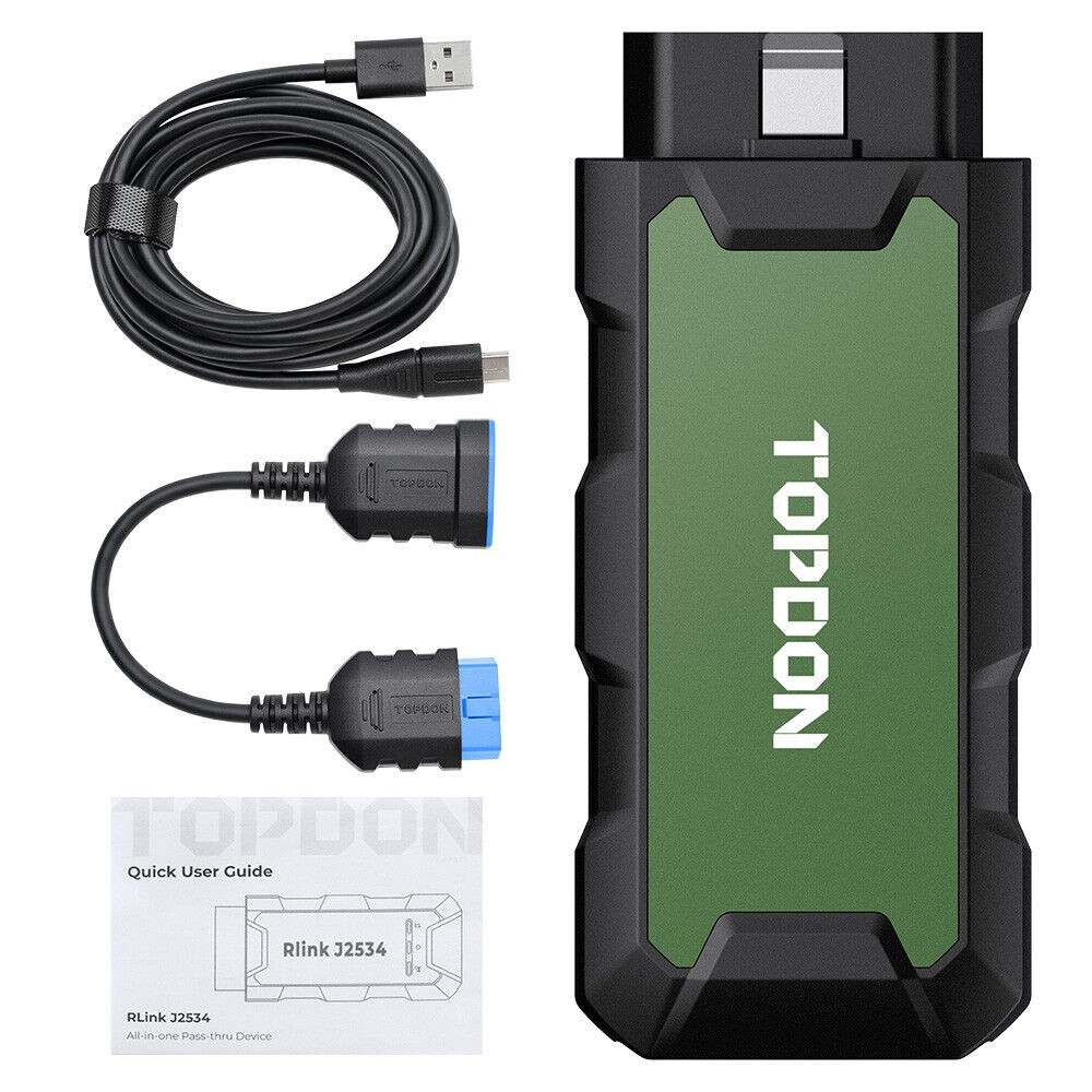 Cablul USB, prelungitorul de diagnoză și ghidul rapid livrate cu TOPDON RLink J2534
