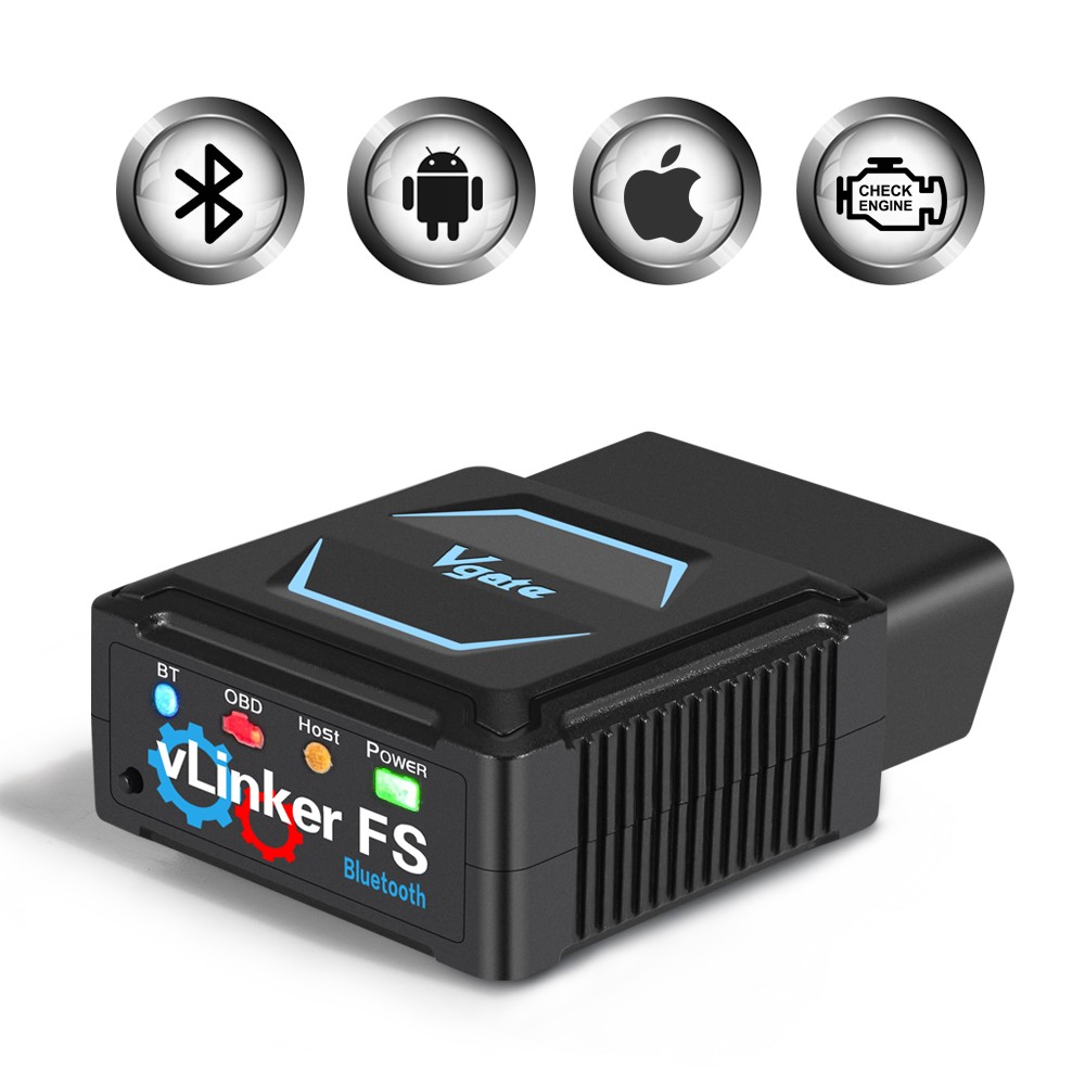 Adaptorul Vgate vLinker FS Bluetooth, carcasă neagră cu accente albastre și mufă OBD-II