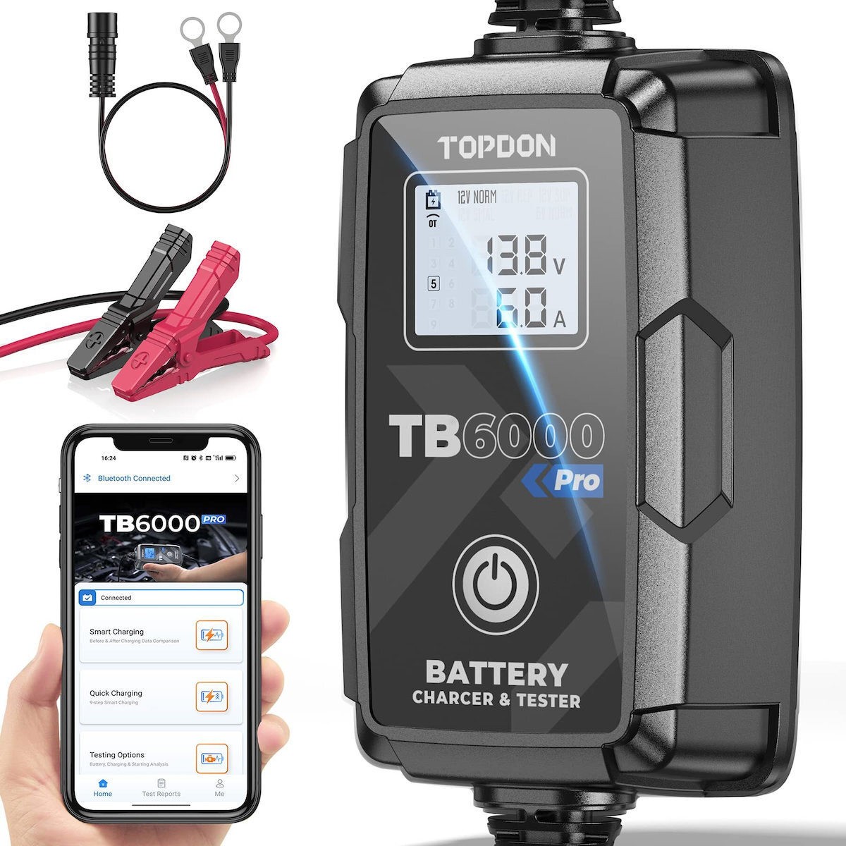 Încărcător și tester TOPDON TB6000Pro cu ecran LCD care arată tensiunea și curentul de încărcare