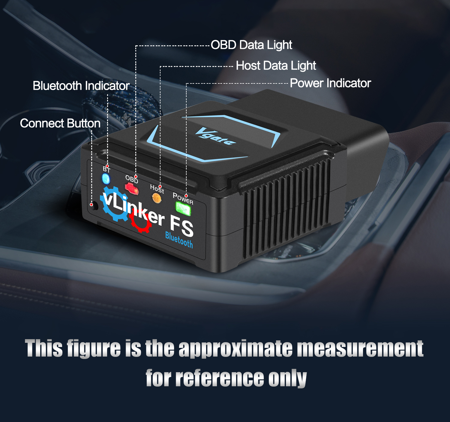 Adaptorul vLinker FS Bluetooth cu butonul de conectare și cele patru led-uri de stare