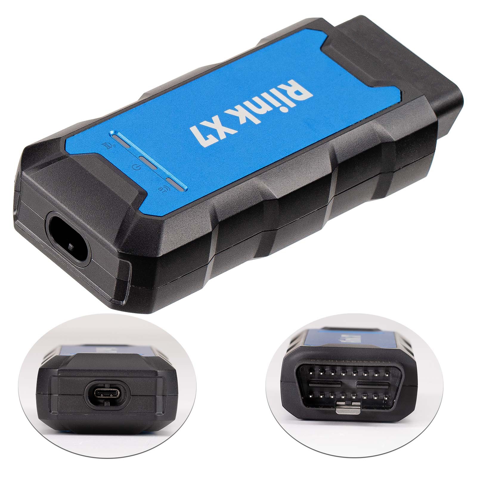 Cele două capete ale interfeței: portul USB-C spre calculator și mufa OBD-II cu 16 pini spre mașină