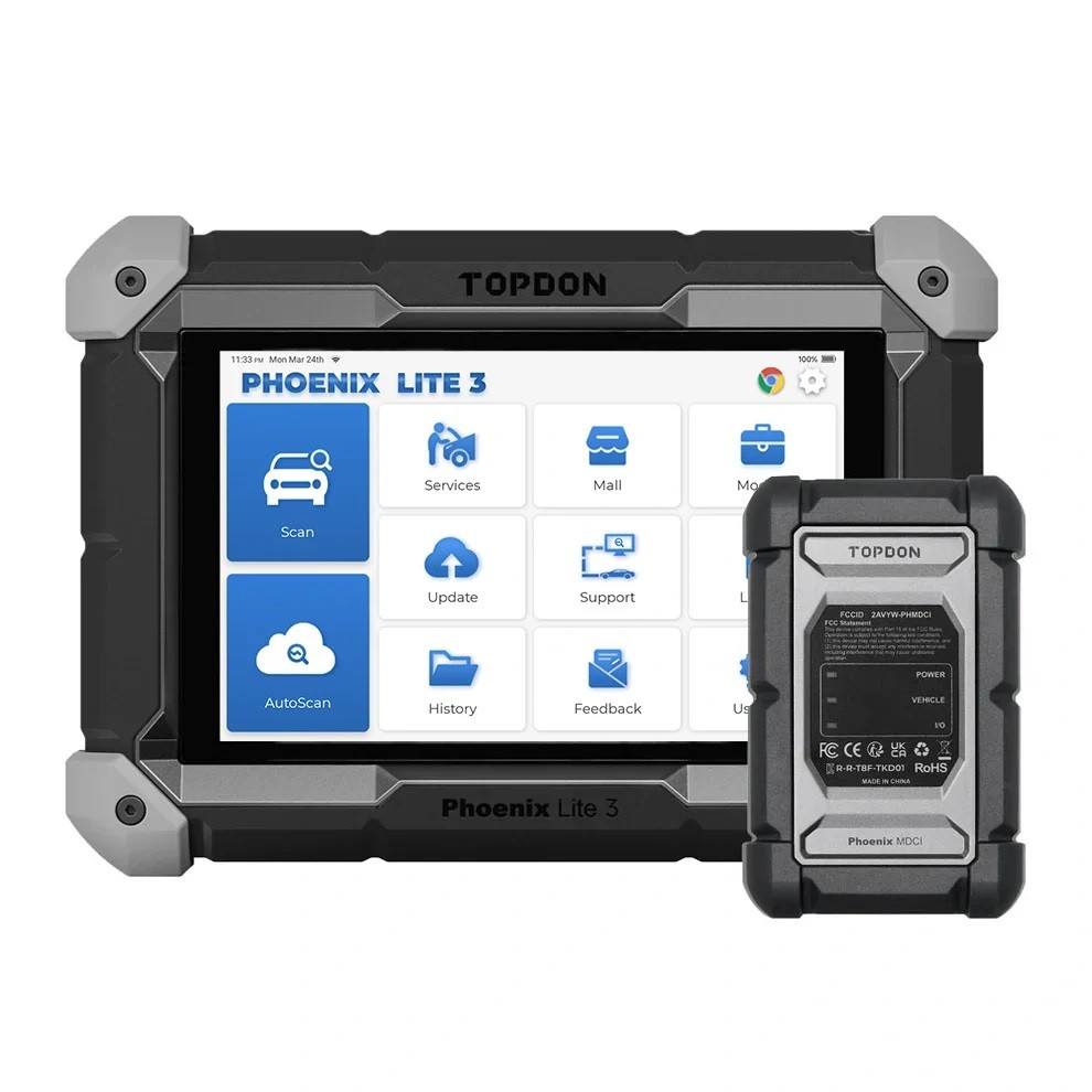 Tableta cu meniul principal deschis și modulul Phoenix MDCI așezat lângă ea, cu indicatoarele Power, Vehicle și I/O