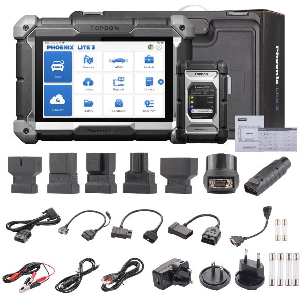 Pachetul Topdon Phoenix Lite 3: tableta, modulul MDCI, adaptoarele non-OBDII, cablurile si alimentatorul