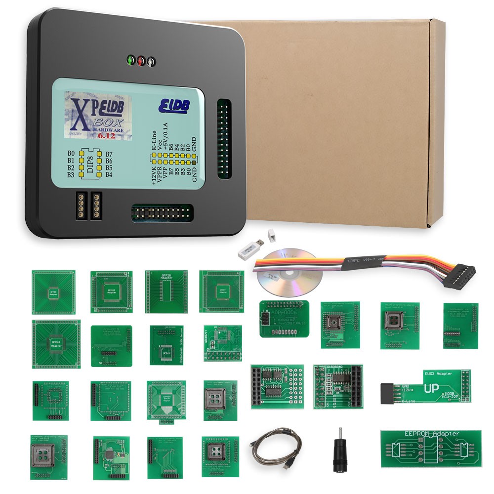 Programatorul ECU XPROG-M cu adaptoarele pentru procesoare si cutia