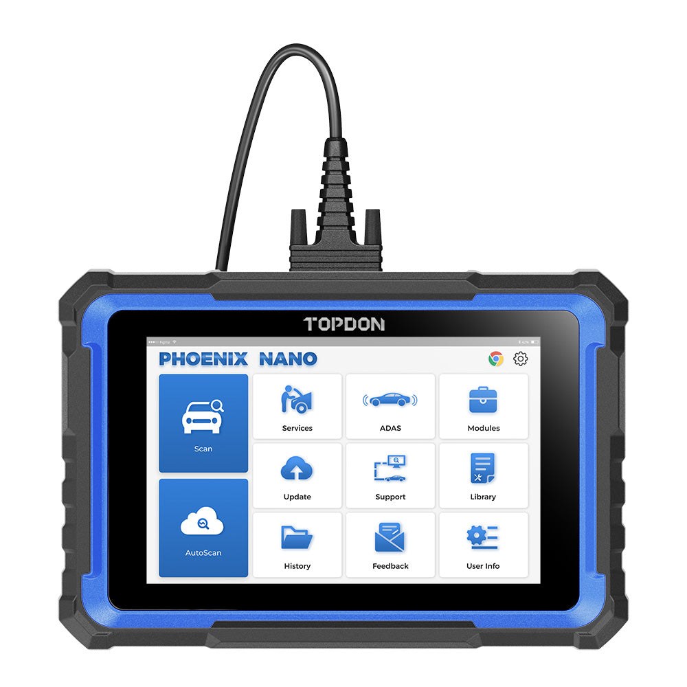 Tableta TOPDON Phoenix Nano cu ecranul pe meniul principal si cablul de diagnoza prins in partea de sus