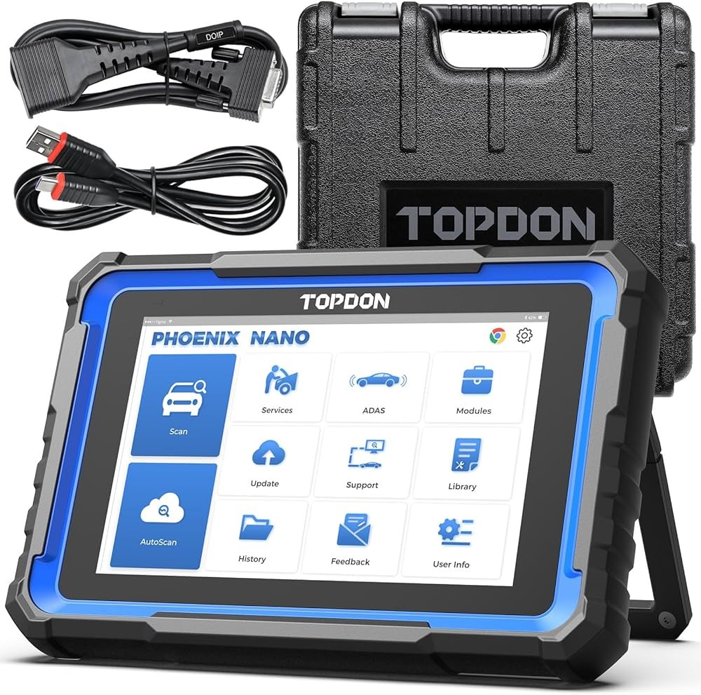 Tableta Topdon Phoenix Nano cu ecranul de 8 inch pornit, alături de cablul de diagnoză OBD