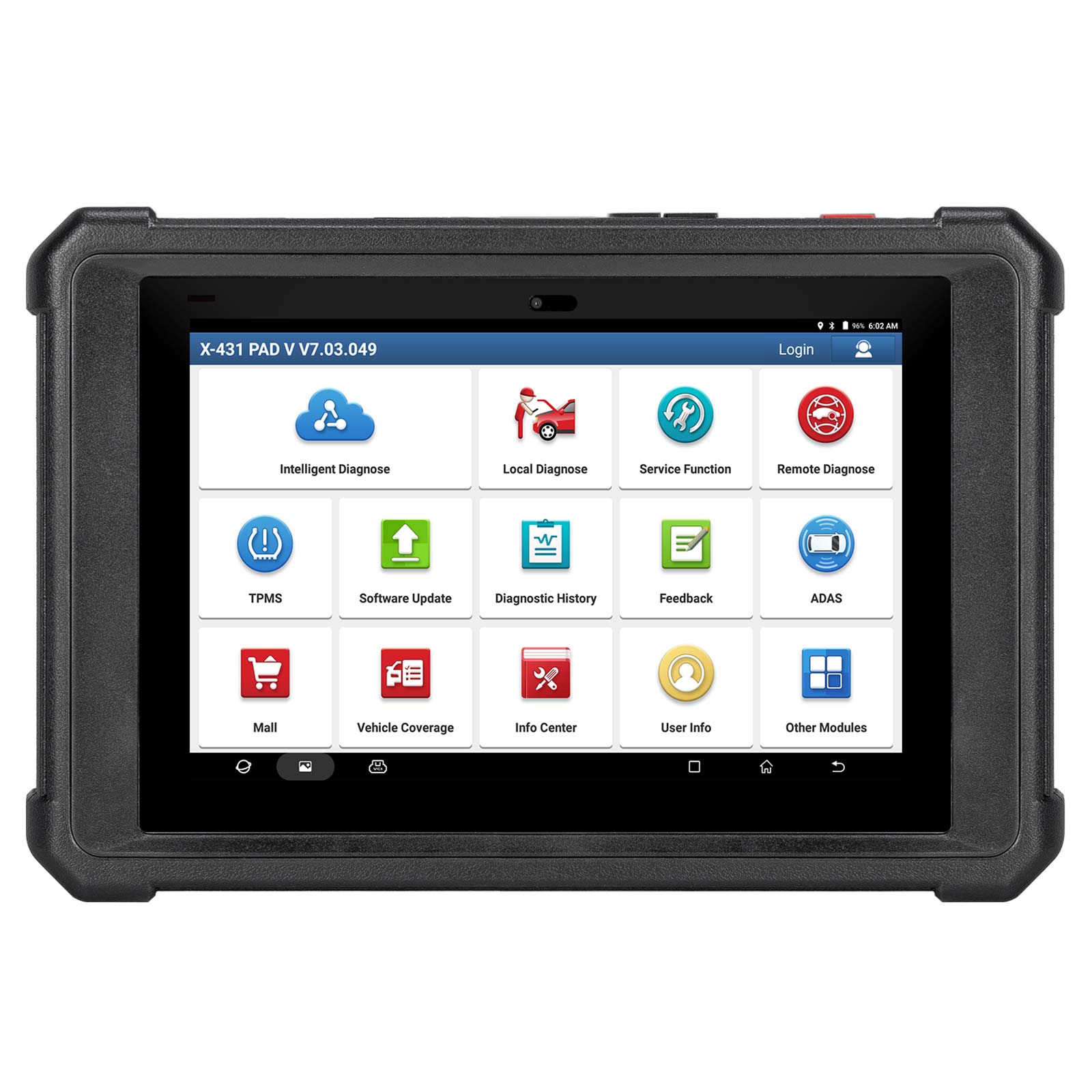 Tester diagnoză Launch X431 PAD V Elite cu interfața SmartLink C 3 Tableta Launch X431 PAD V Elite vazuta din fata, cu meniul principal: diagnoza, TPMS, ADAS, actualizare