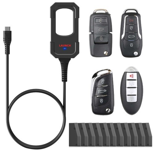Modulul Launch X-431 Remote Maker, cu inelul de citire, alături de cele patru telecomenzi universale și cipurile transponder