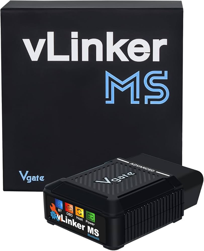 Adaptorul Vgate vLinker MS Bluetooth alături de cutia neagră a produsului